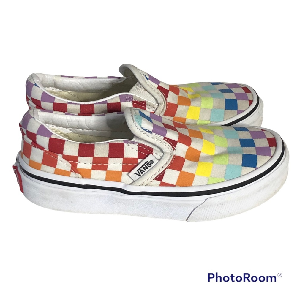 VANS Classic retro rainbow multicolored checkered print for kids Vans slip ons